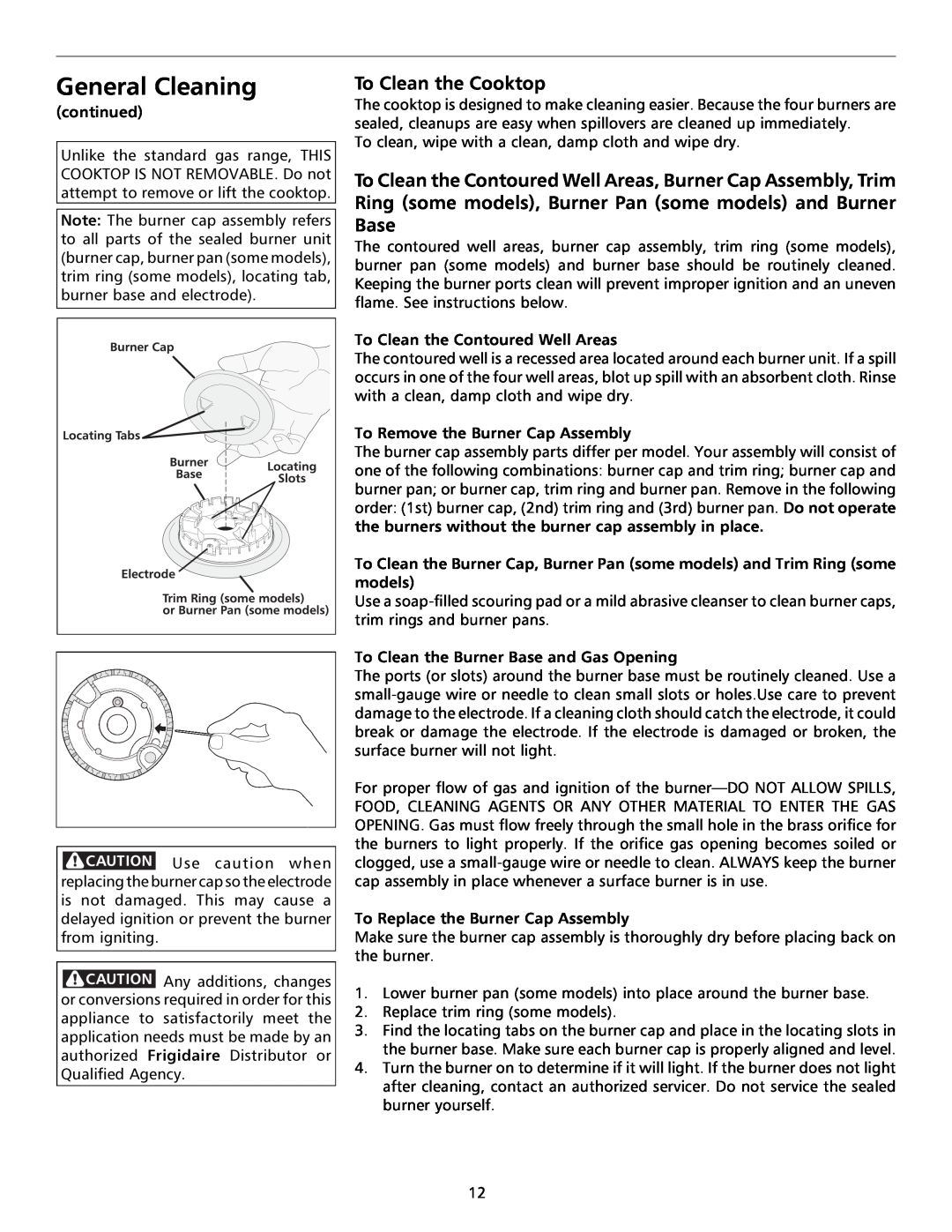 Frigidaire 316000291 (9902) To Clean the Cooktop, To Clean the Contoured Well Areas, To Remove the Burner Cap Assembly 