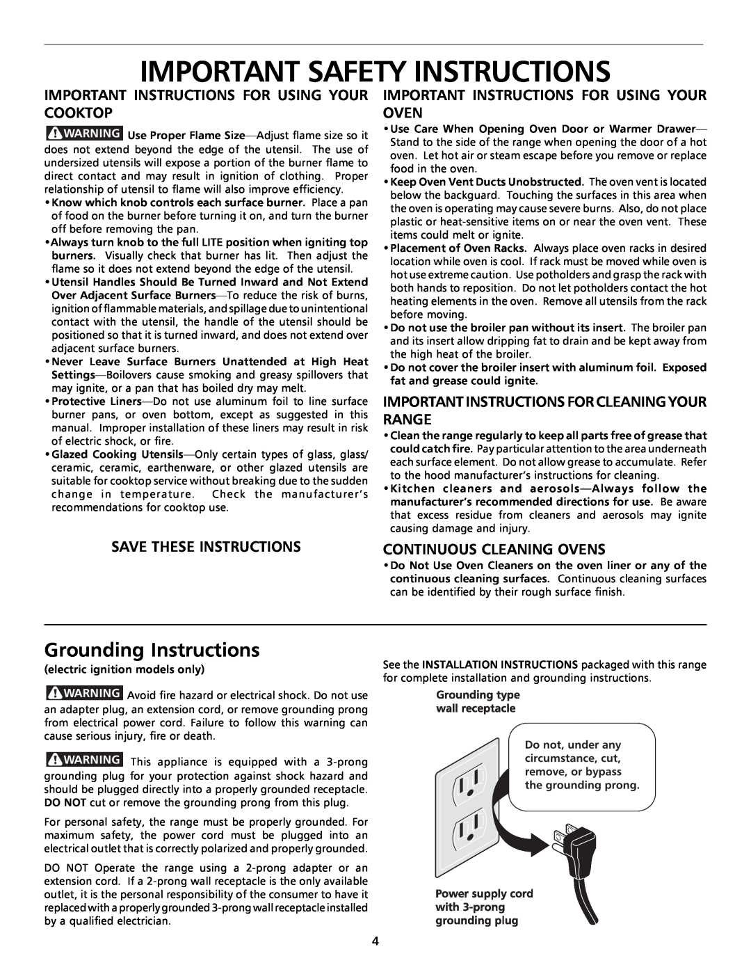 Frigidaire 316000291 (9902) Grounding Instructions, Important Instructions For Using Your Cooktop, Save These Instructions 