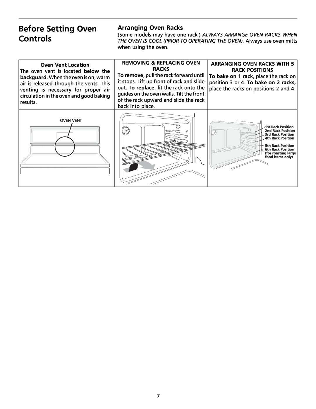 Frigidaire 316000291 (9902) manual Before Setting Oven Controls, Arranging Oven Racks, Oven Vent Location 