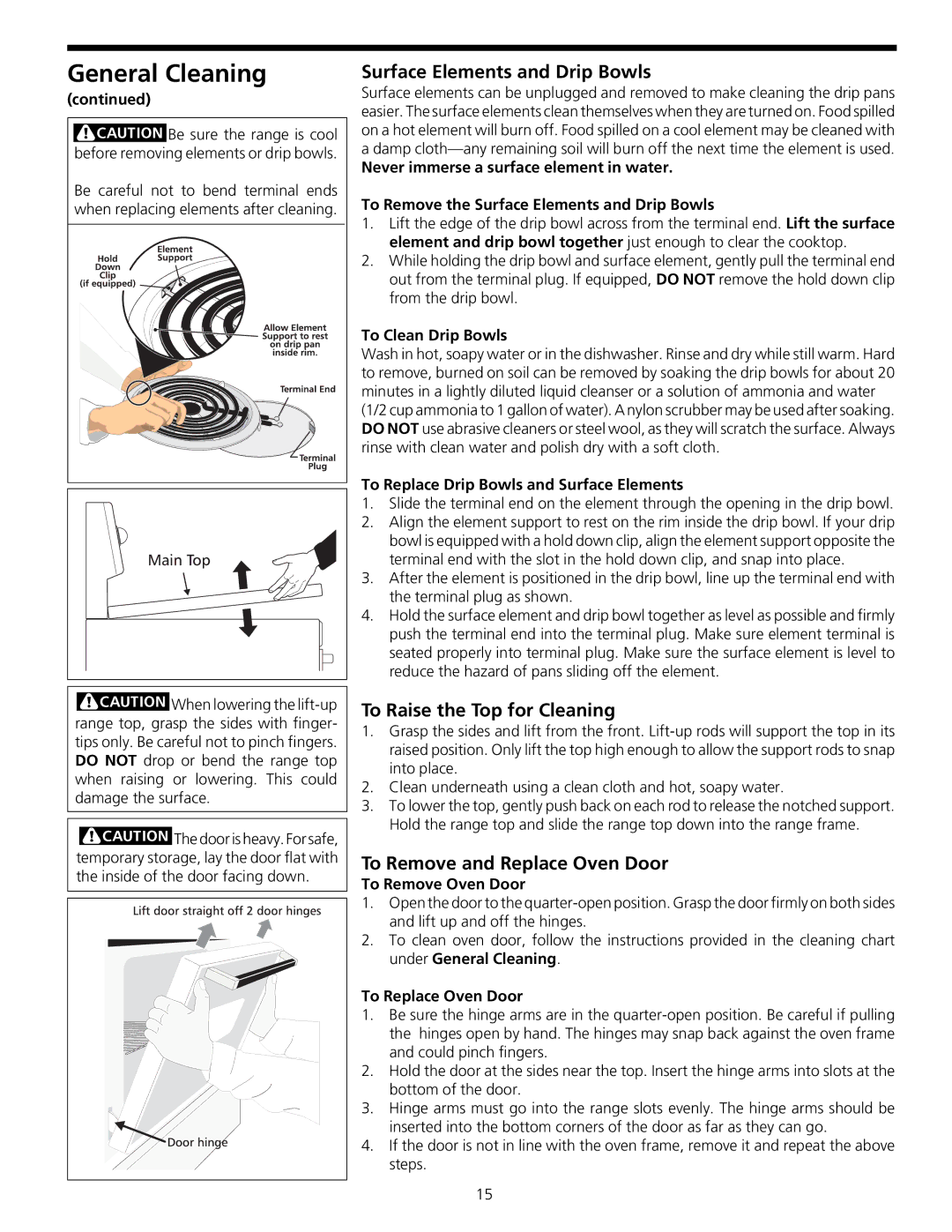 Frigidaire 316000635 manual Surface Elements and Drip Bowls, To Raise the Top for Cleaning, To Remove and Replace Oven Door 