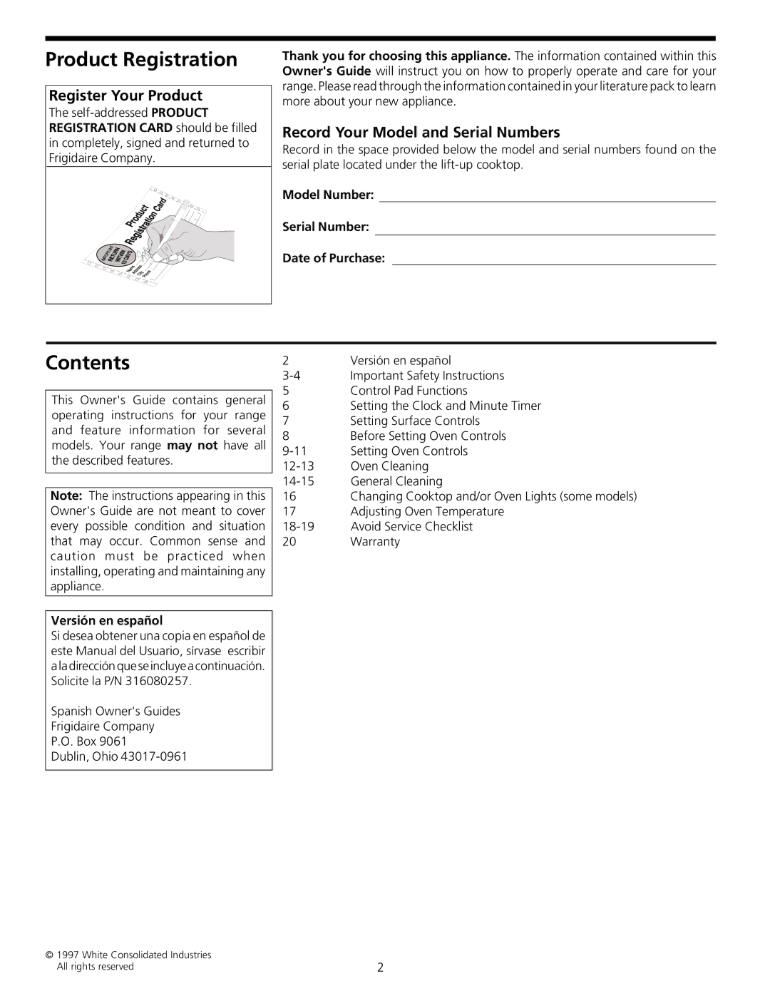 Frigidaire 316000635 manual Product Registration, Contents 