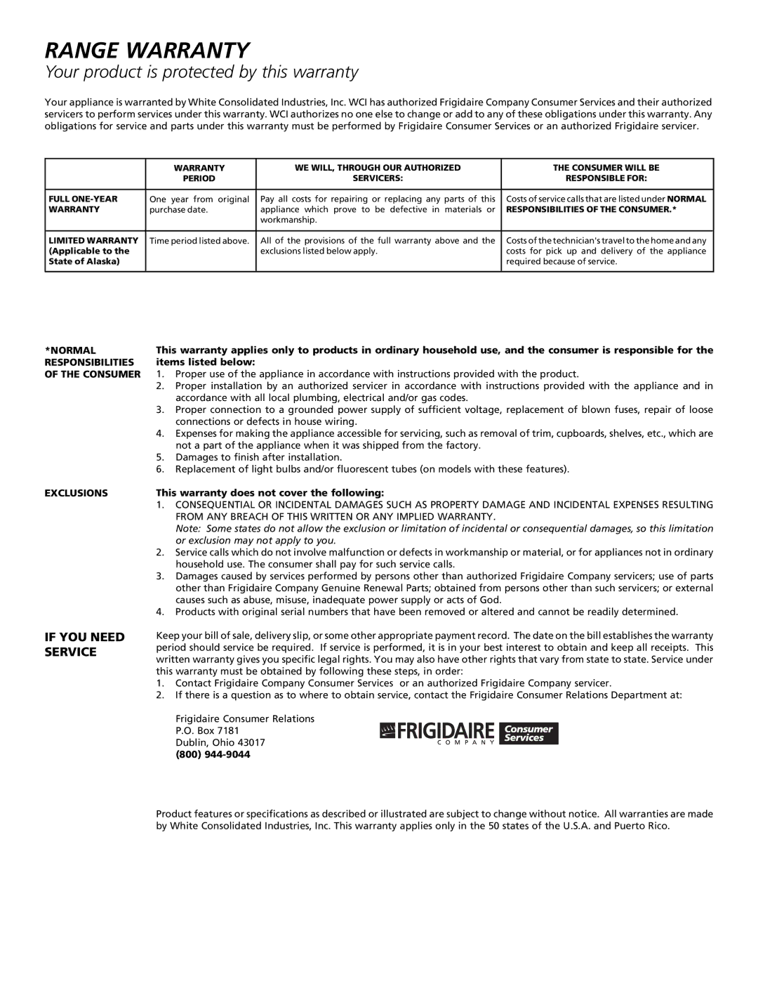 Frigidaire 316000635 manual Range Warranty 