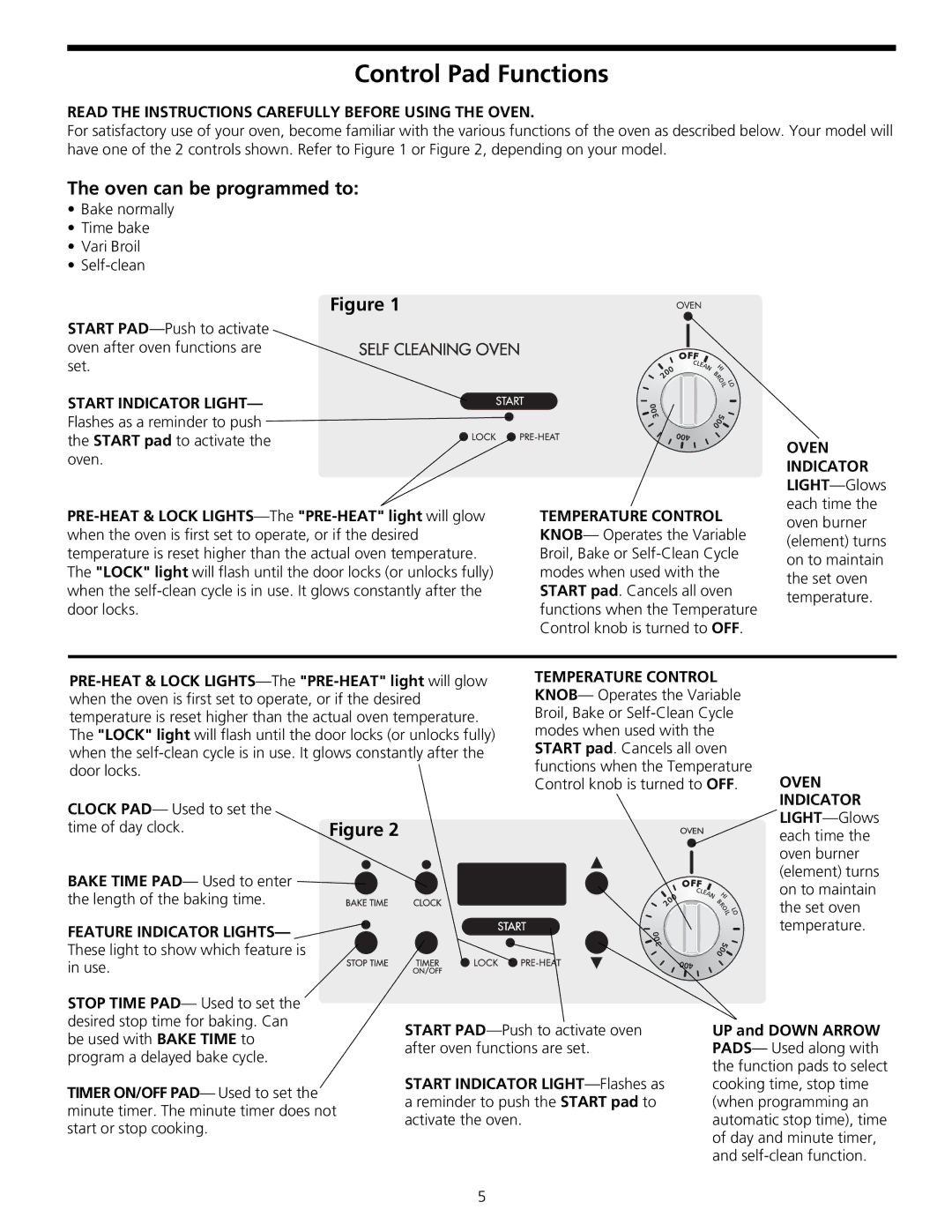 Frigidaire 316000635 Control Pad Functions, Oven can be programmed to, UP and Down Arrow, Start Indicator LIGHT-Flashes as 