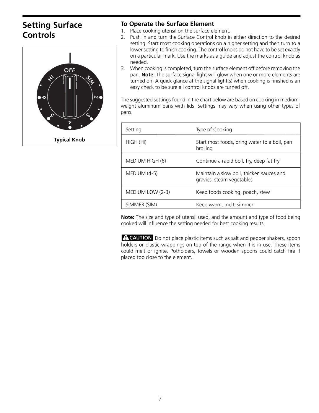 Frigidaire 316000635 manual Setting Surface Controls, To Operate the Surface Element, Typical Knob 