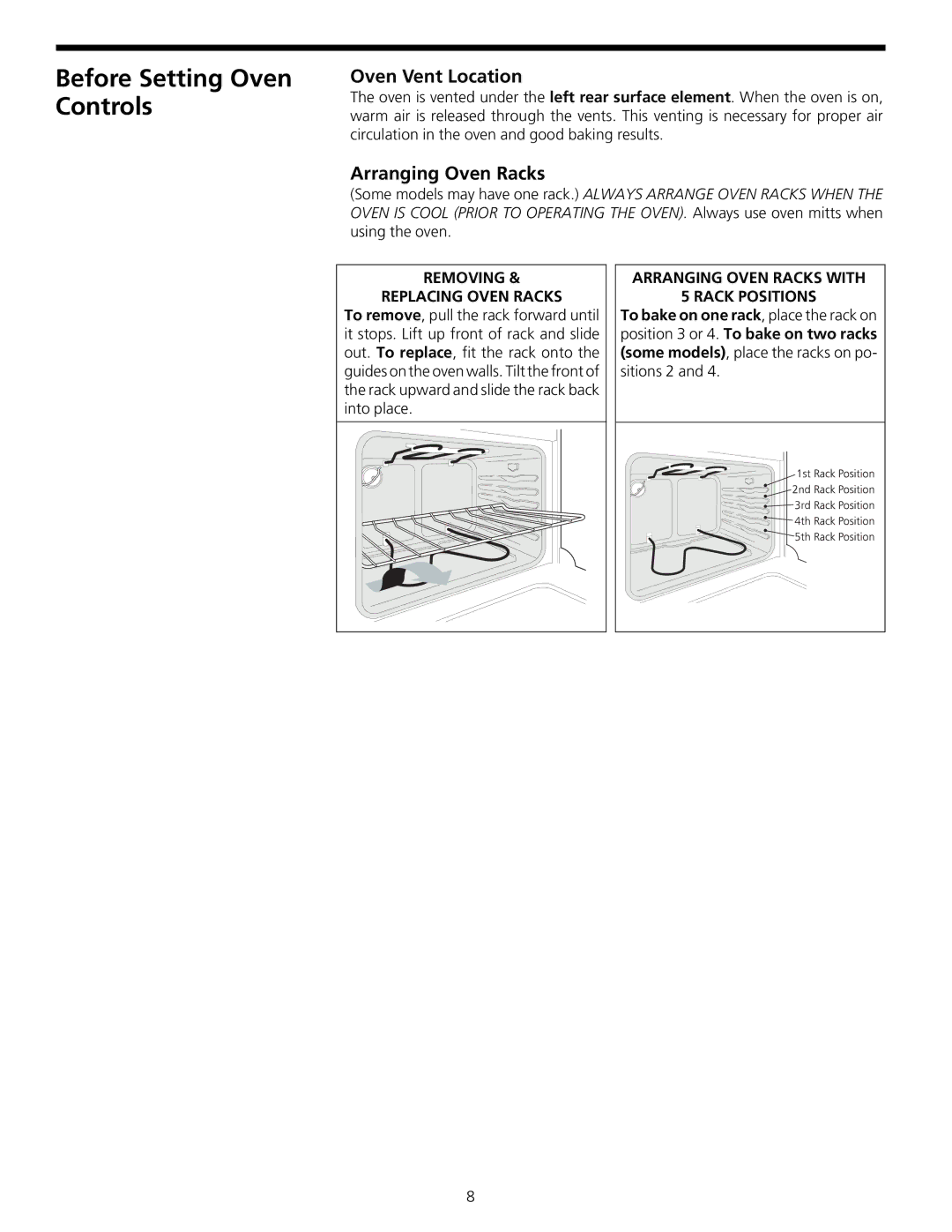 Frigidaire 316000635 manual Before Setting Oven Controls, Oven Vent Location, Arranging Oven Racks 