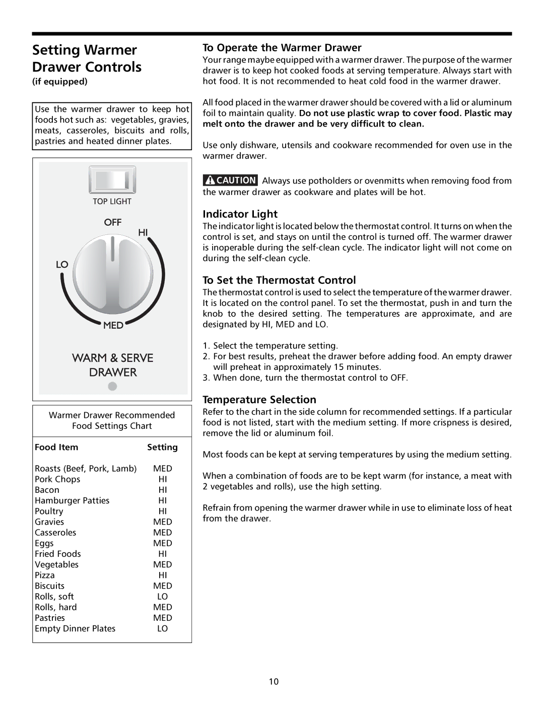 Frigidaire 316000641 Setting Warmer Drawer Controls, To Operate the Warmer Drawer, Indicator Light, Temperature Selection 