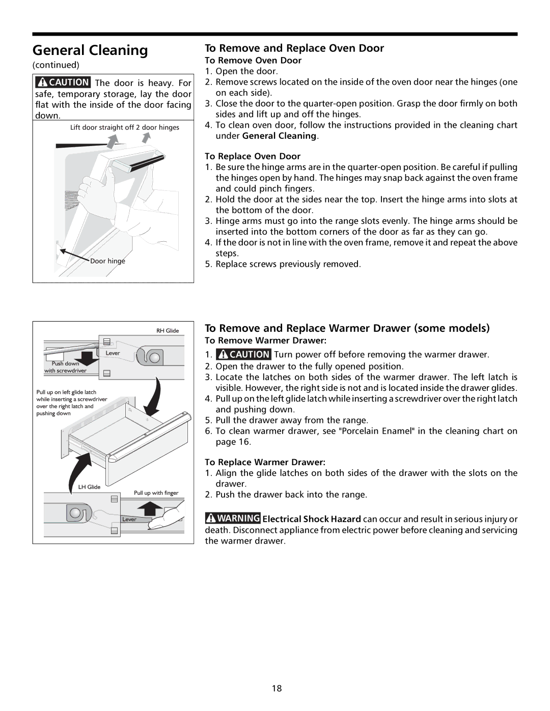 Frigidaire 316000641 manual To Remove and Replace Oven Door, To Remove and Replace Warmer Drawer some models 