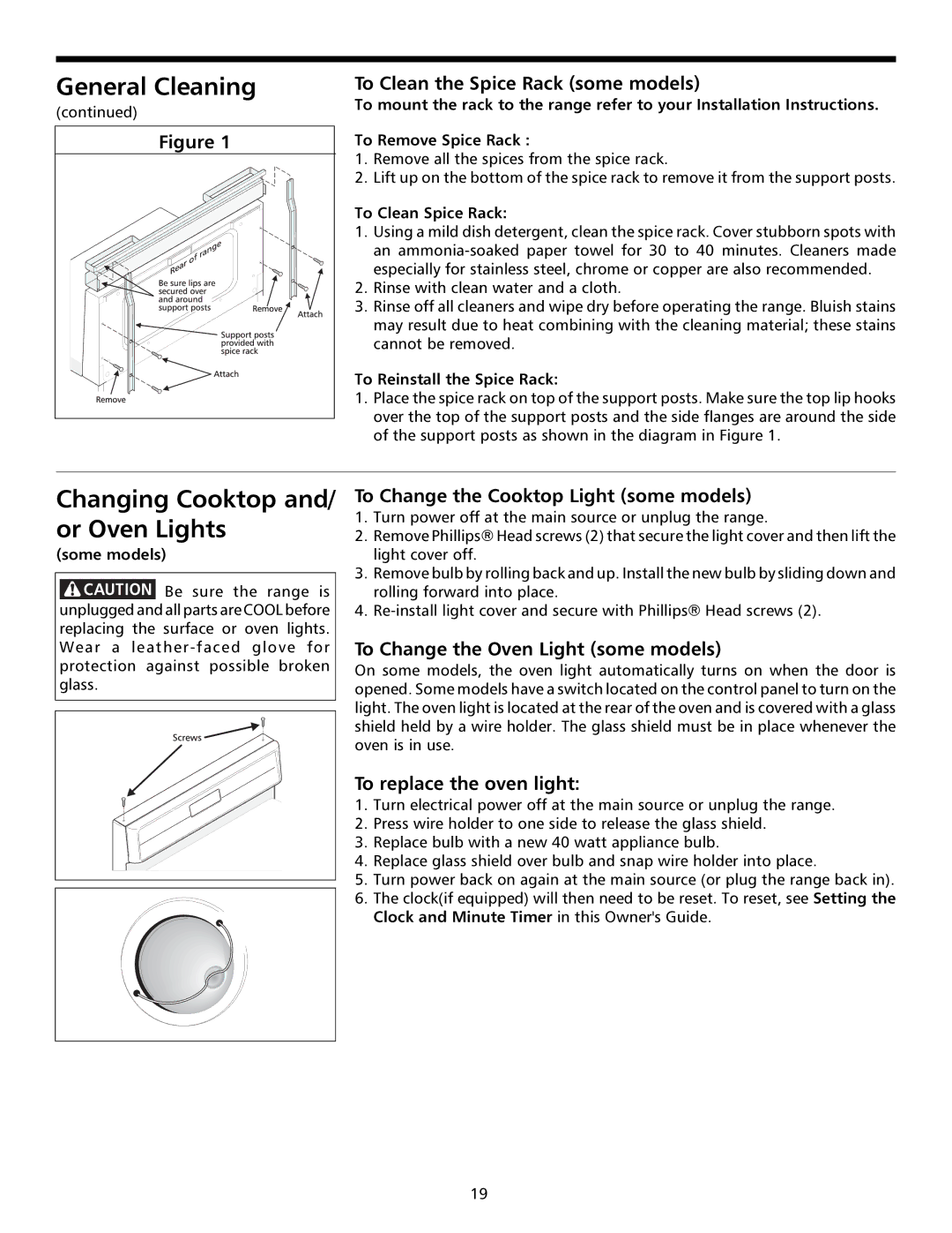 Frigidaire 316000641 Changing Cooktop and/ or Oven Lights, To Clean the Spice Rack some models, To replace the oven light 