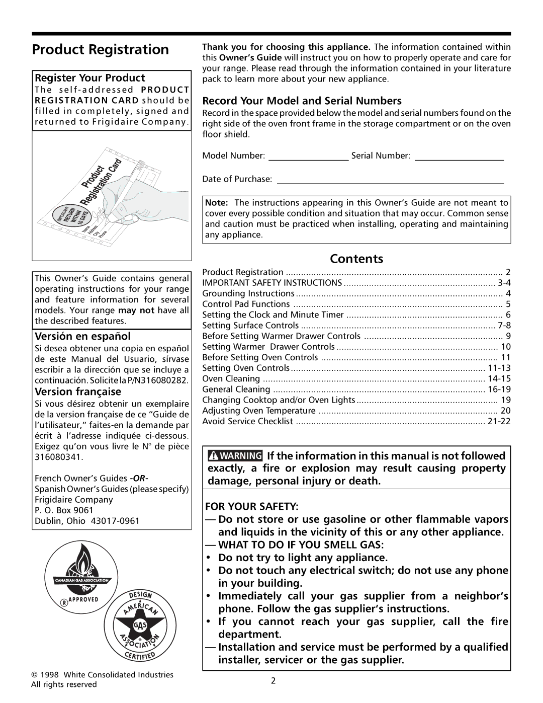 Frigidaire 316000641 manual Product Registration, Contents 