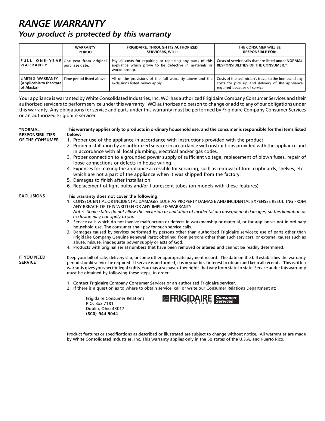 Frigidaire 316000641 manual Range Warranty 