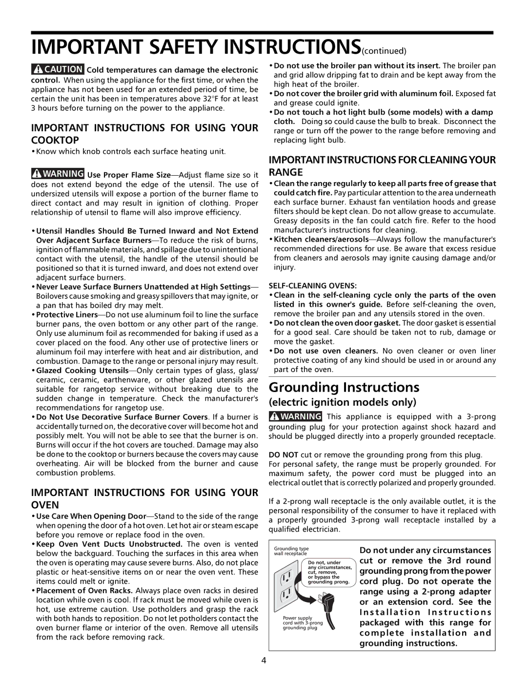 Frigidaire 316000641 manual Grounding Instructions, Electric ignition models only 