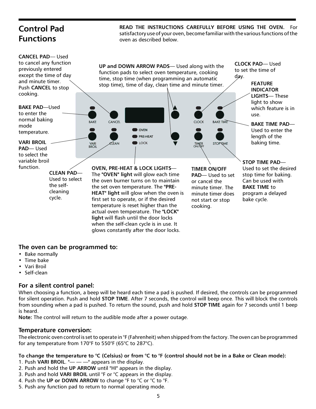 Frigidaire 316000641 Control Pad Functions, Oven can be programmed to, For a silent control panel, Temperature conversion 