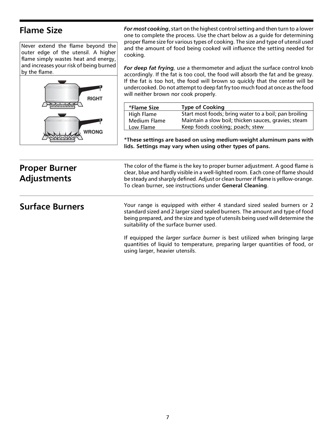 Frigidaire 316000641 manual Proper Burner Adjustments, Surface Burners, Flame Size Type of Cooking 