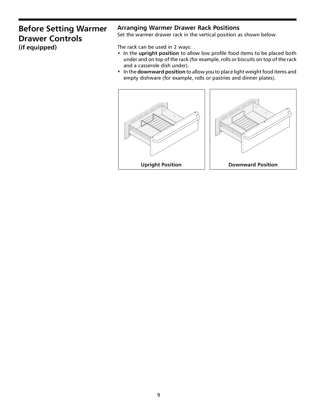 Frigidaire 316000641 manual Before Setting Warmer Drawer Controls, If equipped Arranging Warmer Drawer Rack Positions 