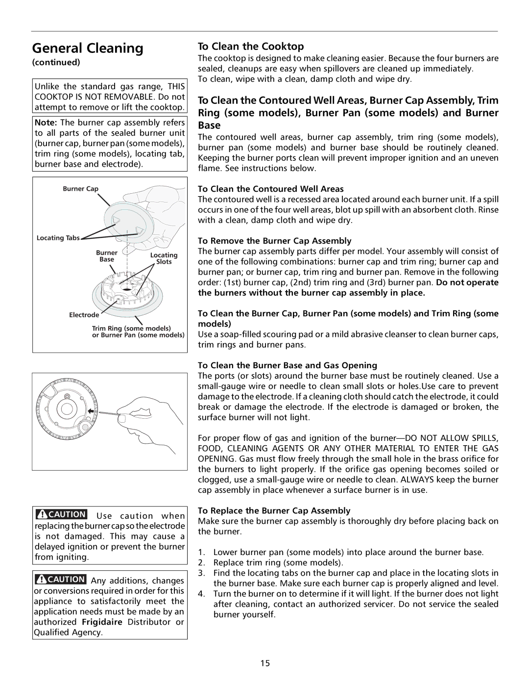 Frigidaire 316000653 To Clean the Cooktop, To Clean the Contoured Well Areas, To Remove the Burner Cap Assembly 