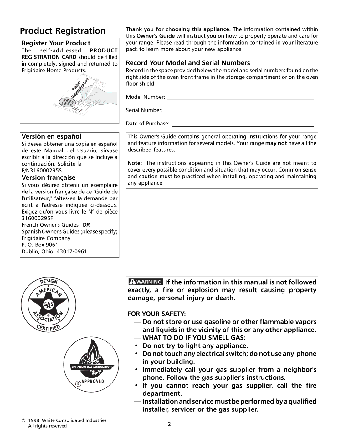 Frigidaire 316000653 Product Registration, Register Your Product, Versión en español, Version française 