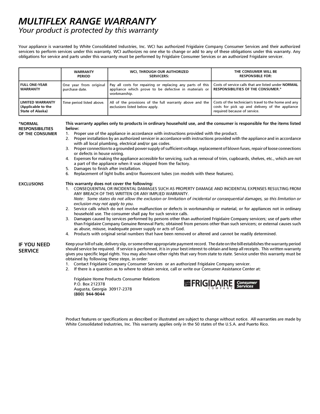 Frigidaire 316000653 important safety instructions Multiflex Range Warranty 