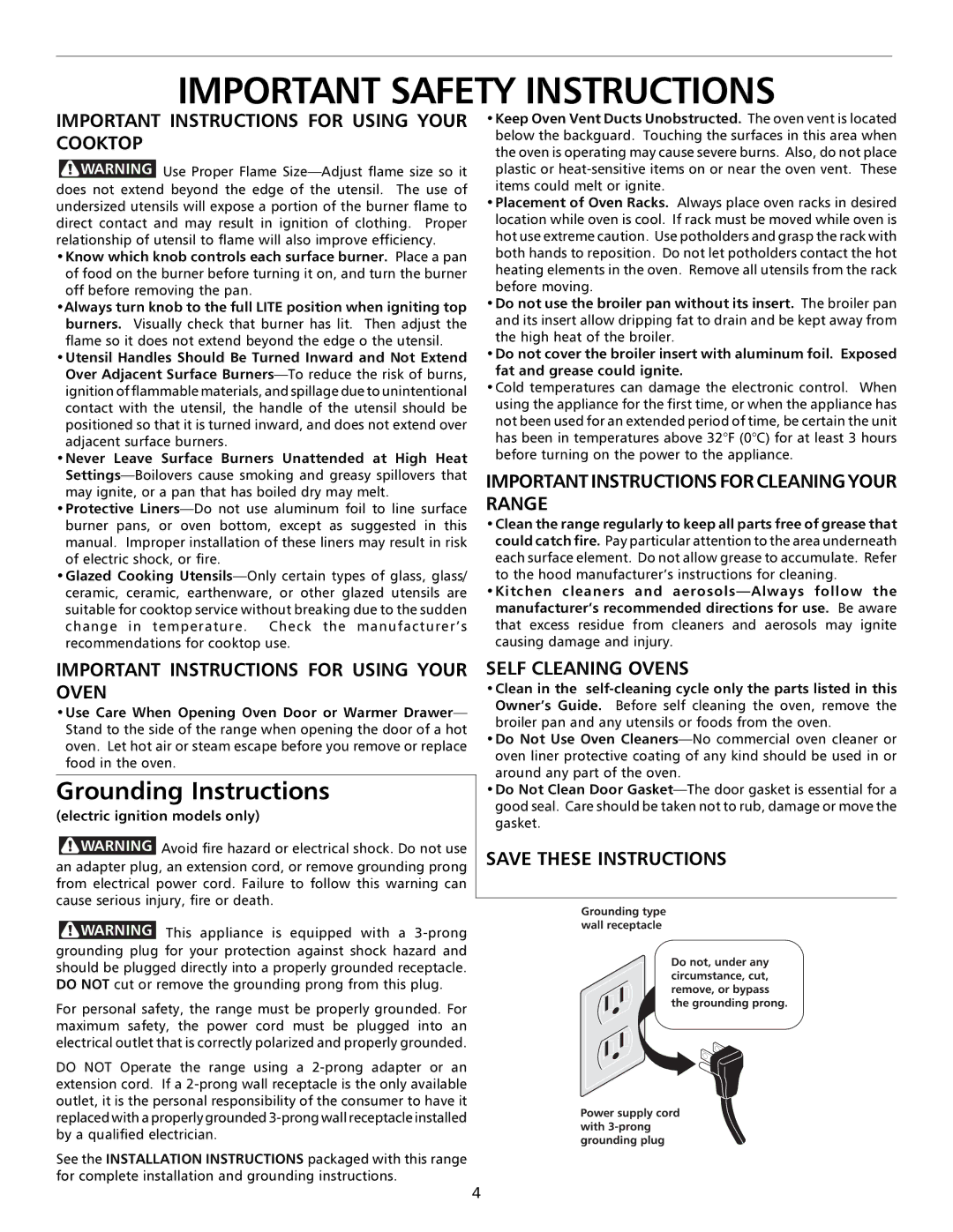 Frigidaire 316000653 important safety instructions Grounding Instructions, Electric ignition models only 