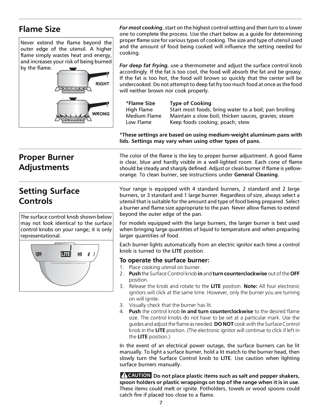 Frigidaire 316000653 Flame Size, Proper Burner Adjustments, Setting Surface Controls, To operate the surface burner 