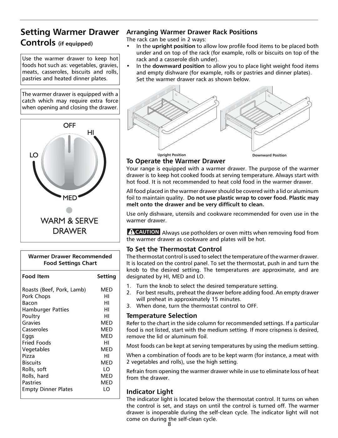 Frigidaire 316000653 important safety instructions Setting Warmer Drawer 