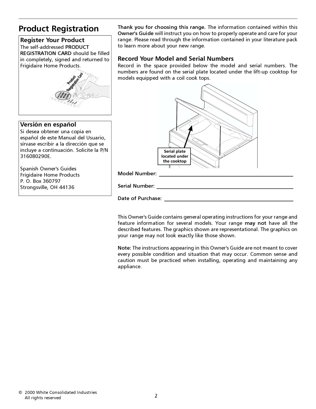 Frigidaire 316135917 Product Registration, Register Your Product, Versión en español, Record Your Model and Serial Numbers 