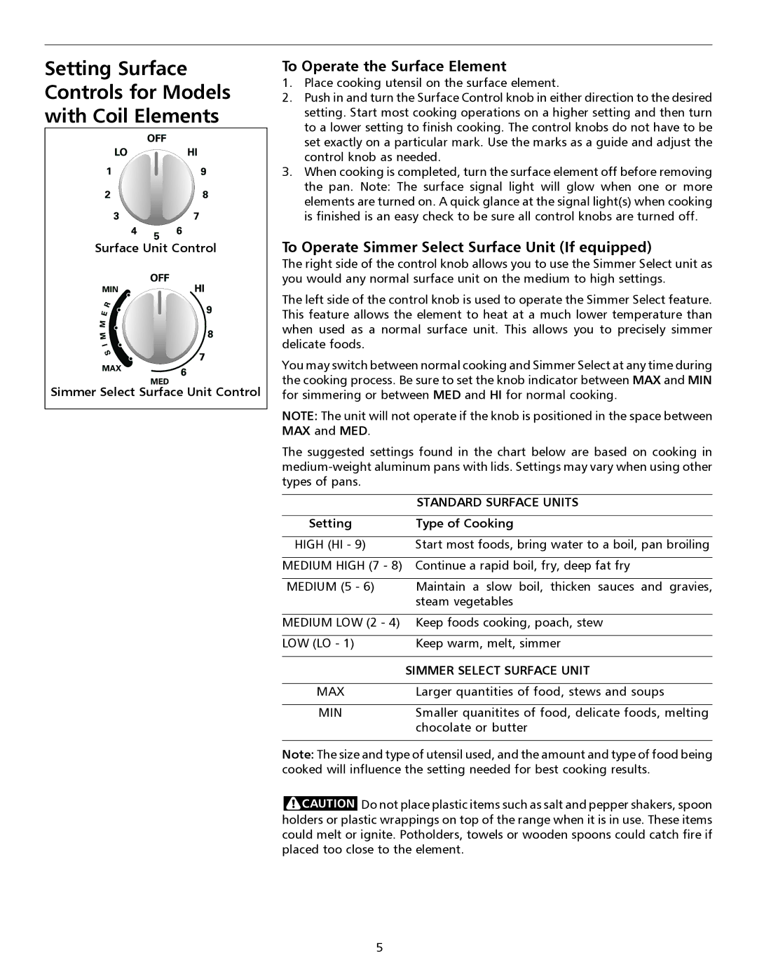 Frigidaire 316135917 Setting Surface Controls for Models with Coil Elements, To Operate the Surface Element 