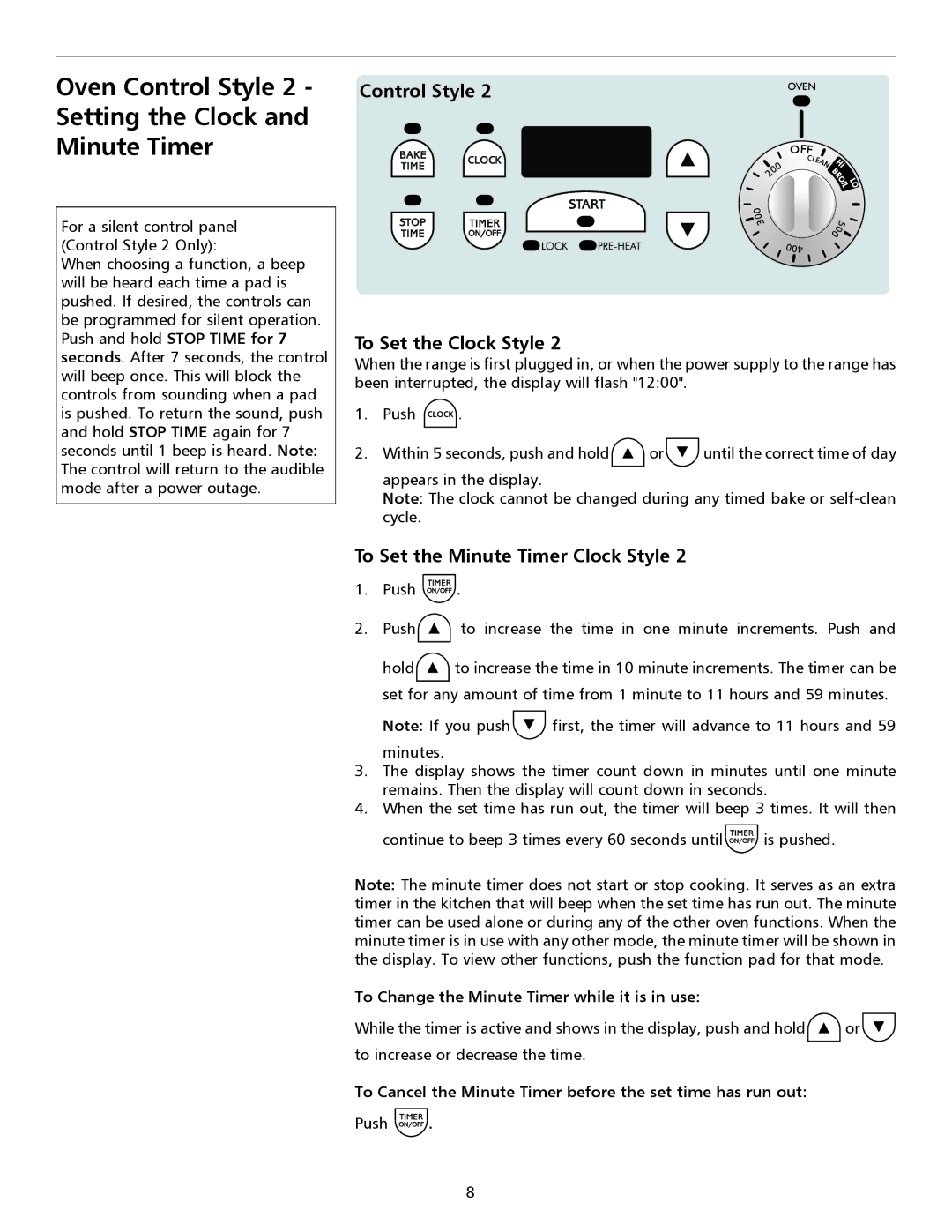 Frigidaire 316135917 Oven Control Style, Setting the Clock Minute Timer, To Set the Clock Style 