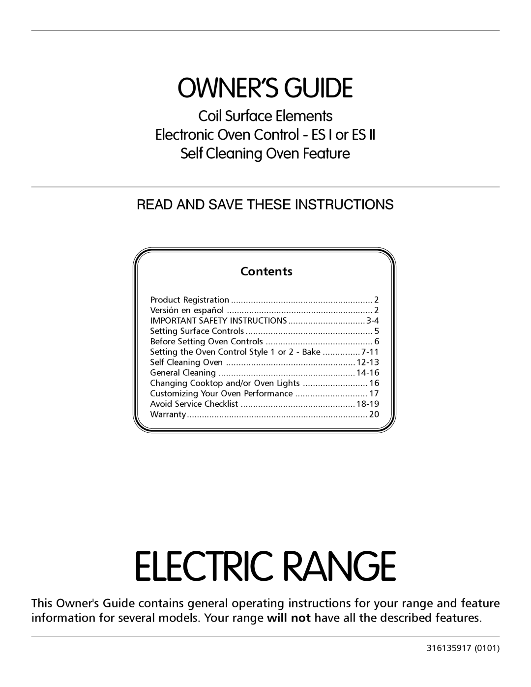 Frigidaire 316135917 important safety instructions Electric Range, Owner’S Guide, Self Cleaning Oven Feature, Contents 