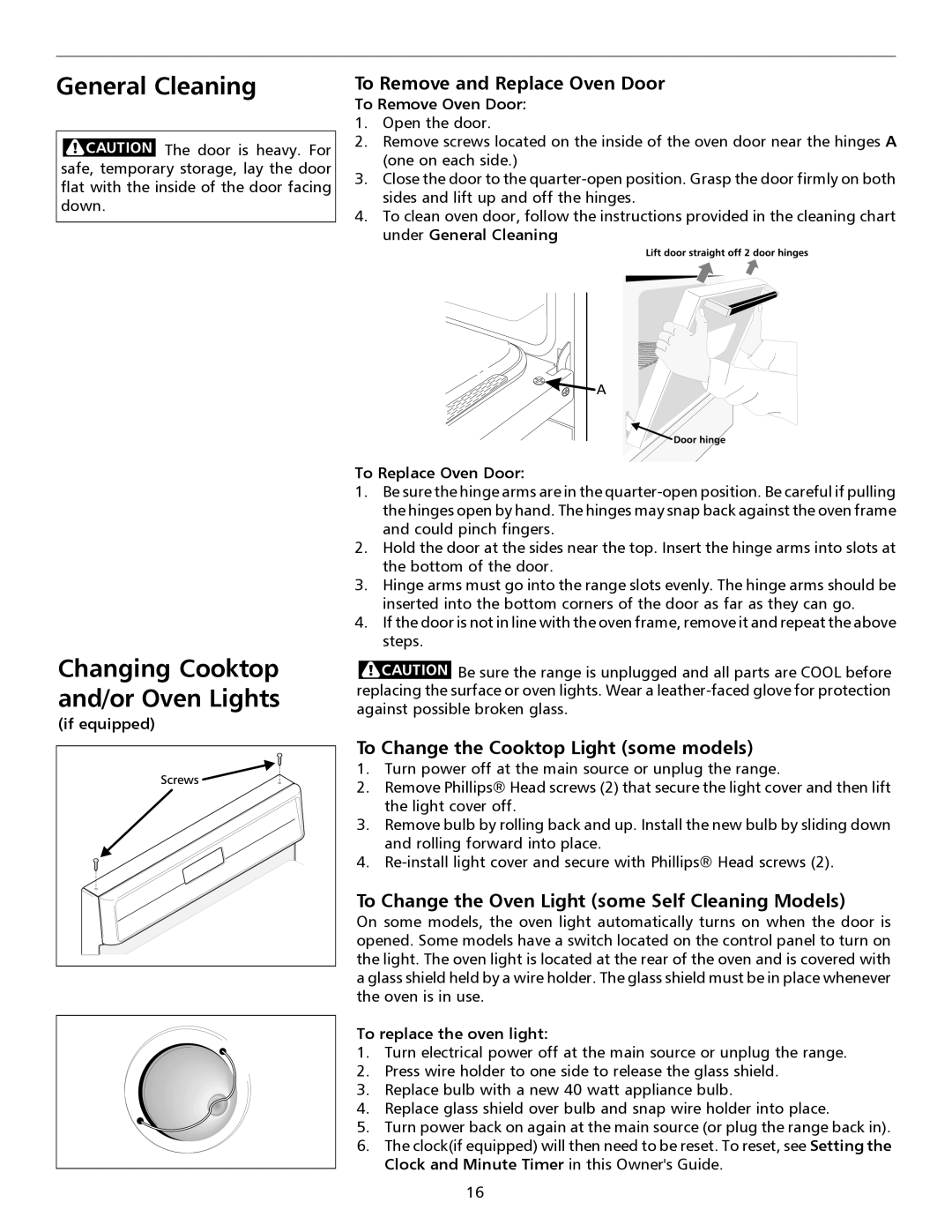 Frigidaire 316135917 Changing Cooktop and/or Oven Lights, To Remove and Replace Oven Door, if equipped, General Cleaning 