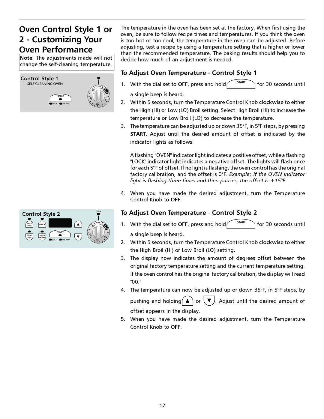 Frigidaire 316135917 Oven Control Style 1 or 2 - Customizing Your Oven Performance, Control Style Control Style 