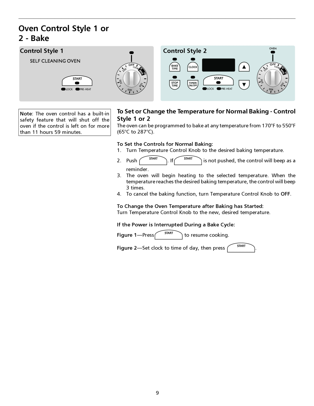 Frigidaire 316135917 important safety instructions Oven Control Style 1 or 2 - Bake, To Set the Controls for Normal Baking 