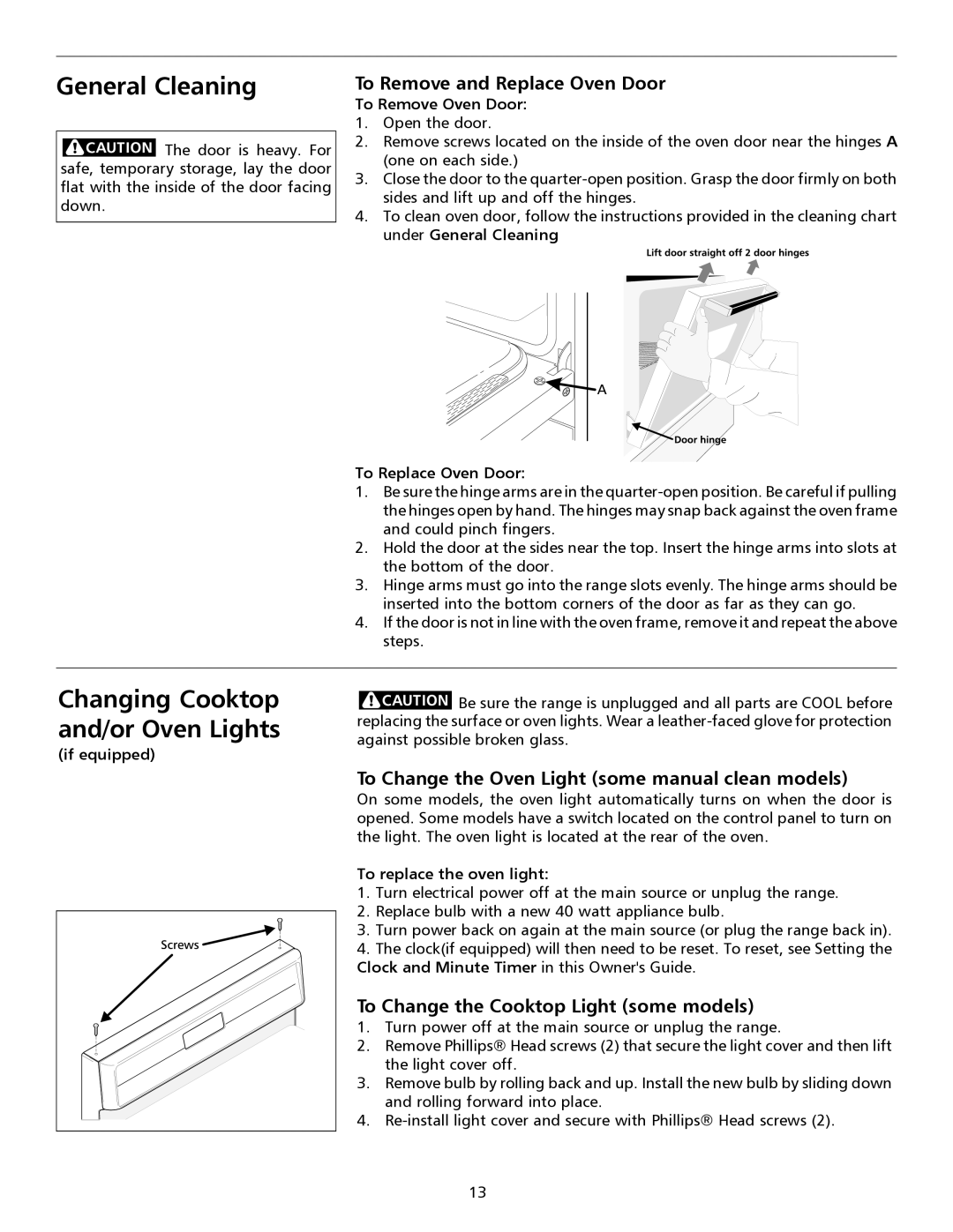 Frigidaire 316135921 important safety instructions Changing Cooktop and/or Oven Lights, To Remove and Replace Oven Door 