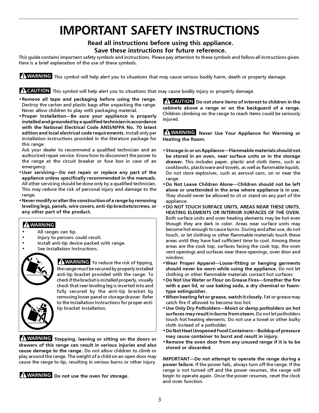 Frigidaire 316135921 important safety instructions Important Safety Instructions 