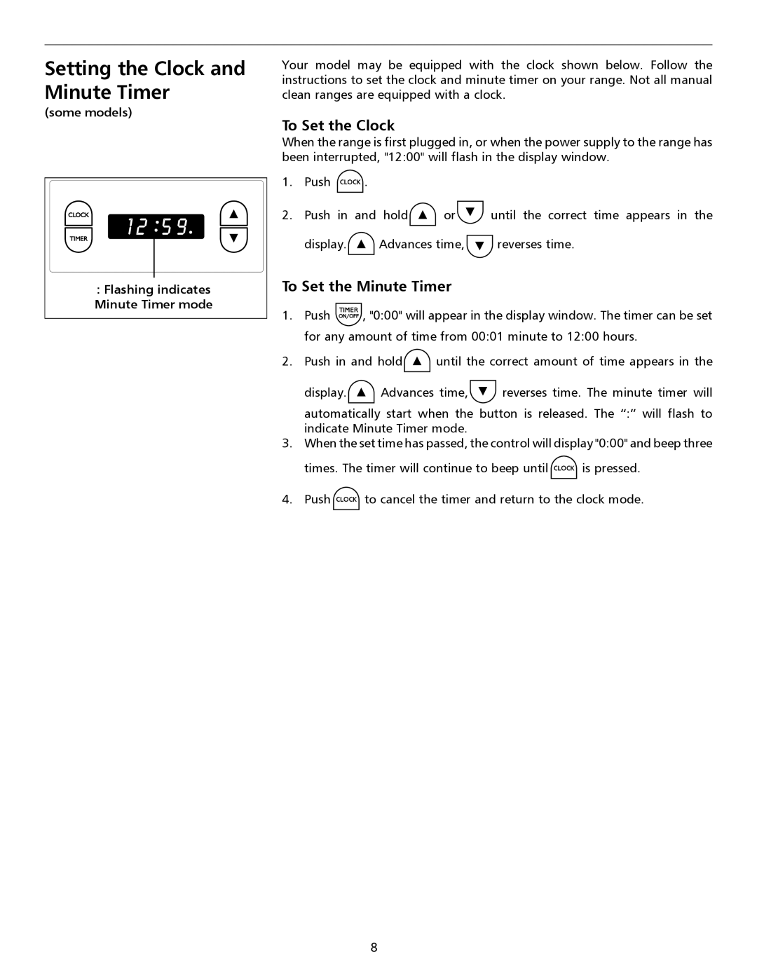 Frigidaire 316135921 Setting the Clock and Minute Timer, To Set the Clock, To Set the Minute Timer 