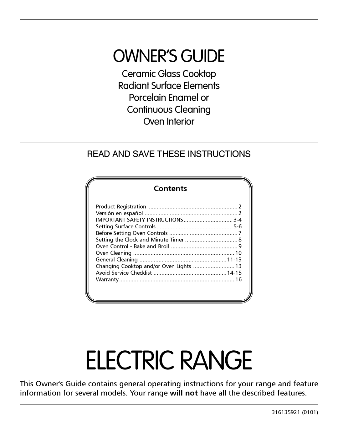 Frigidaire 316135921 important safety instructions Electric Range, Owner’S Guide, Continuous Cleaning Oven Interior 