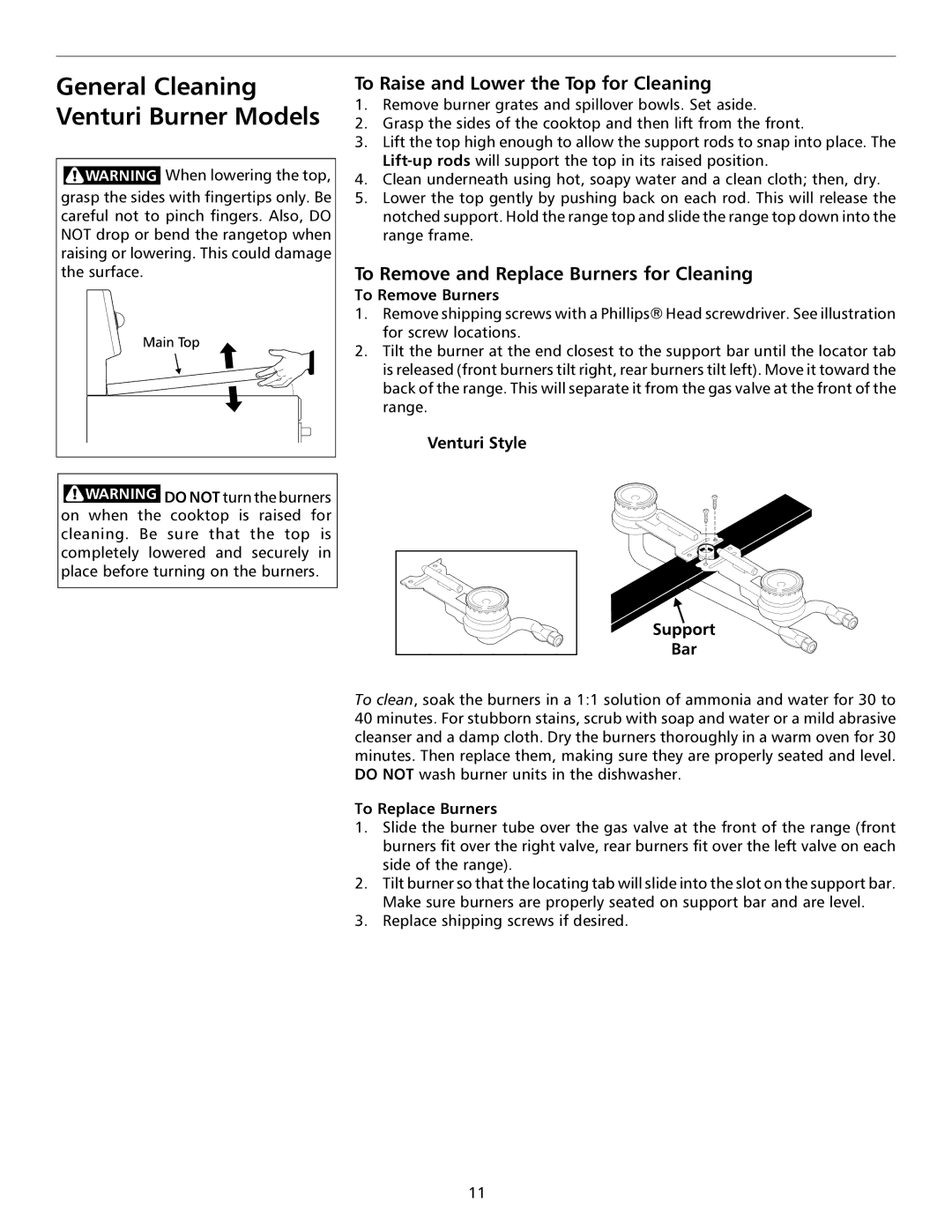 Frigidaire 316135924 General Cleaning Venturi Burner Models, To Raise and Lower the Top for Cleaning, To Remove Burners 