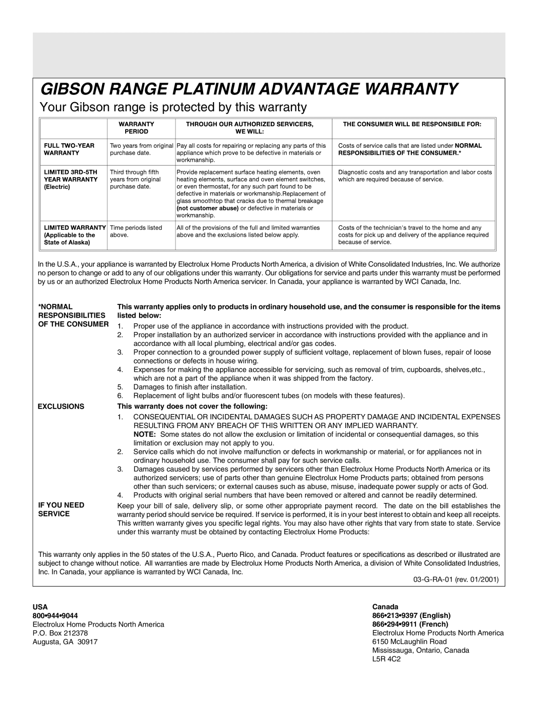 Frigidaire 316135924 important safety instructions Gibson Range Platinum Advantage Warranty 