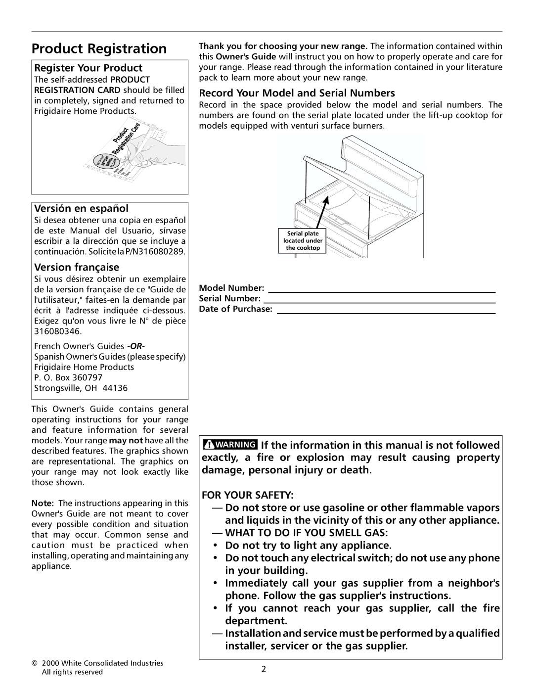 Frigidaire 316135924 Product Registration, Register Your Product, Versión en español, Version française 