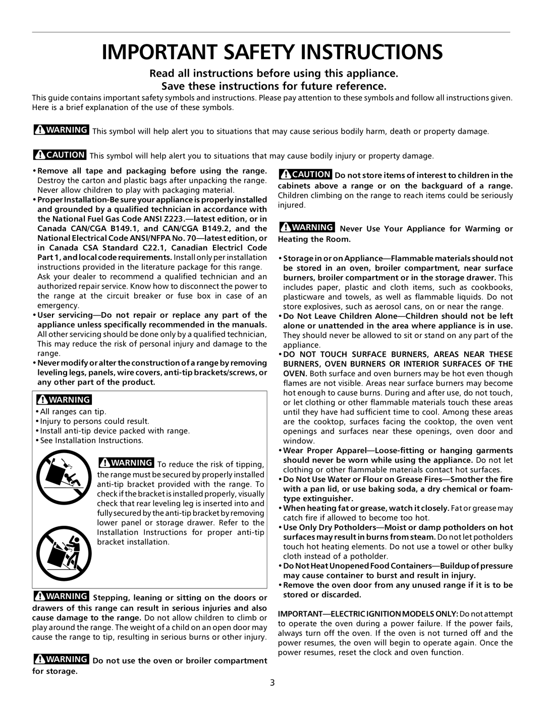 Frigidaire 316135924 Important Safety Instructions, Stepping, leaning or sitting on the doors or 