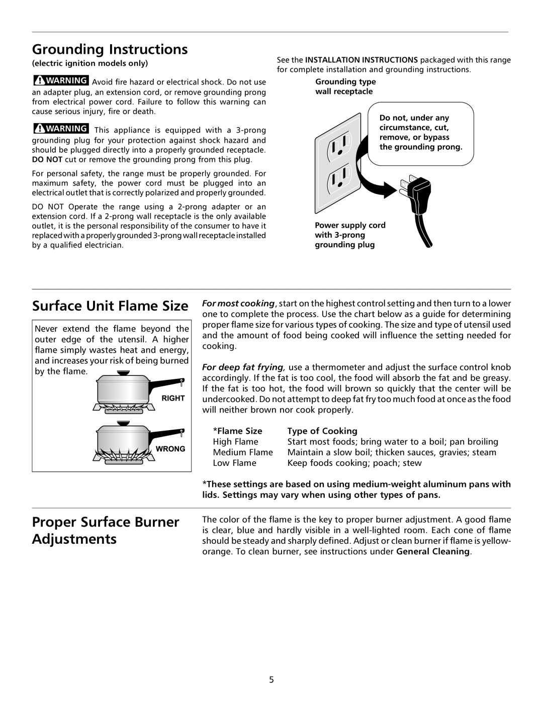 Frigidaire 316135924 Grounding Instructions, Surface Unit Flame Size, Proper Surface Burner Adjustments 