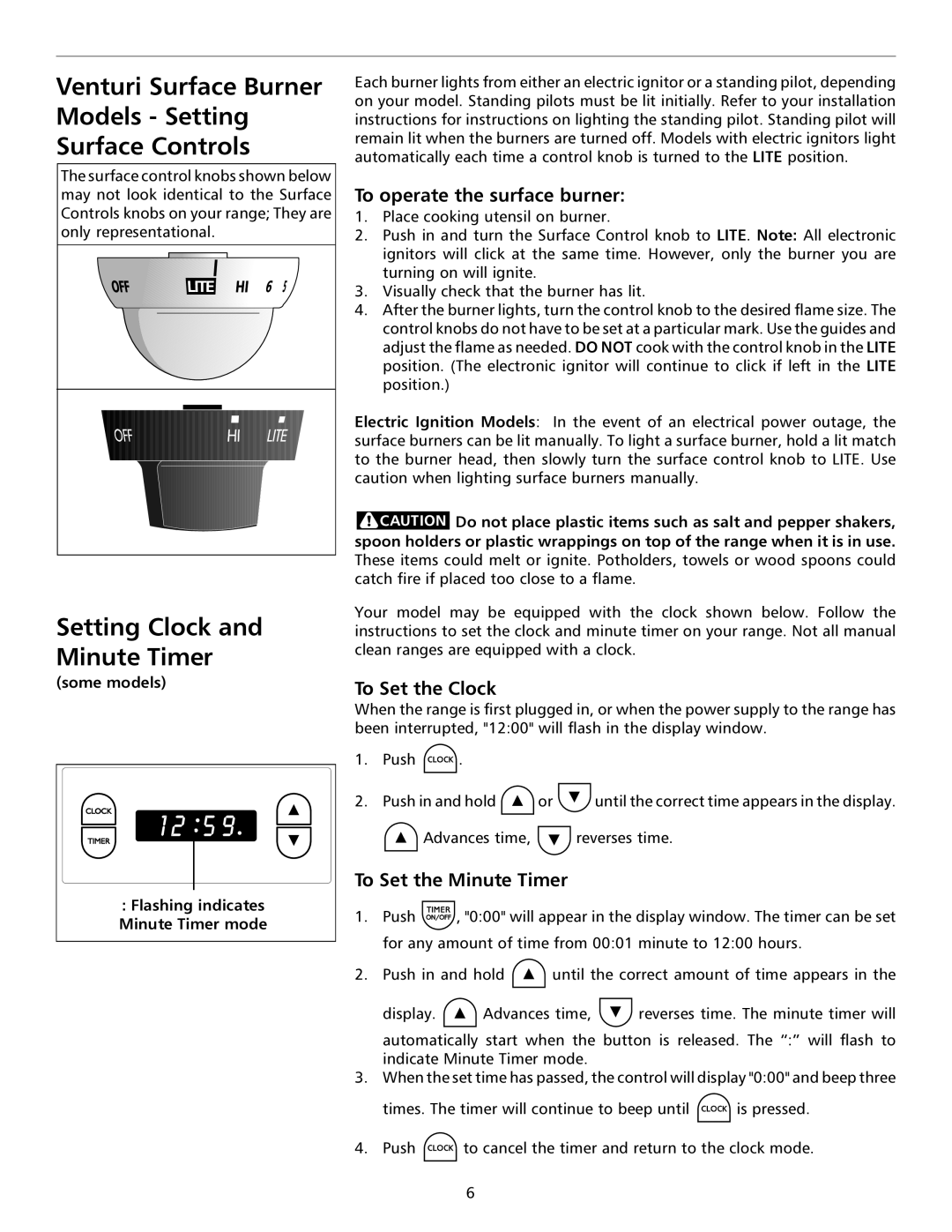 Frigidaire 316135924 Venturi Surface Burner Models Setting Surface Controls, Setting Clock and Minute Timer 