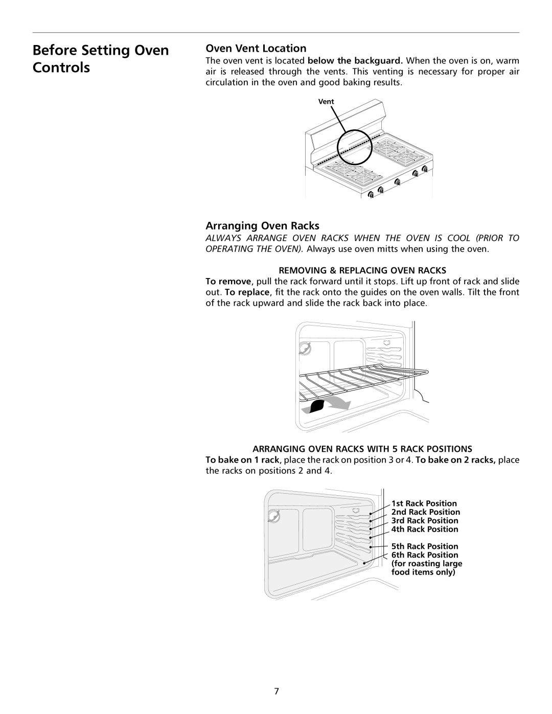 Frigidaire 316135924 important safety instructions Before Setting Oven Controls, Oven Vent Location, Arranging Oven Racks 