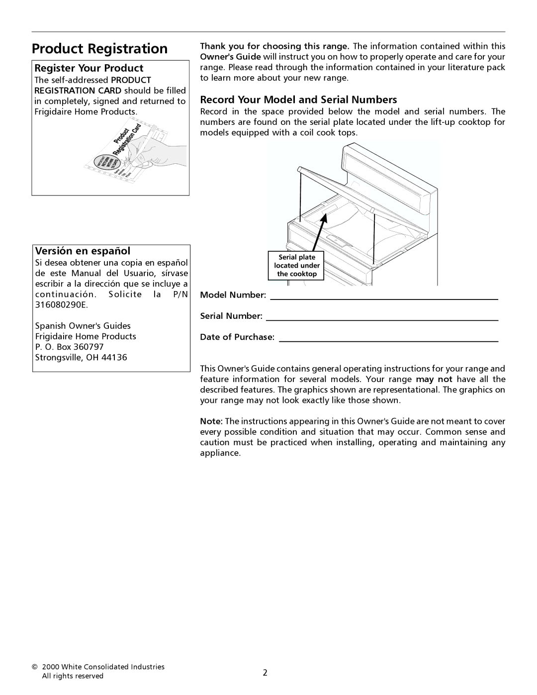 Frigidaire 316135928 Product Registration, Register Your Product, Versión en español, Record Your Model and Serial Numbers 