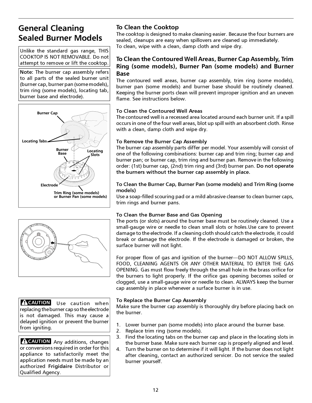 Frigidaire 316135932 important safety instructions General Cleaning Sealed Burner Models, To Clean the Cooktop 