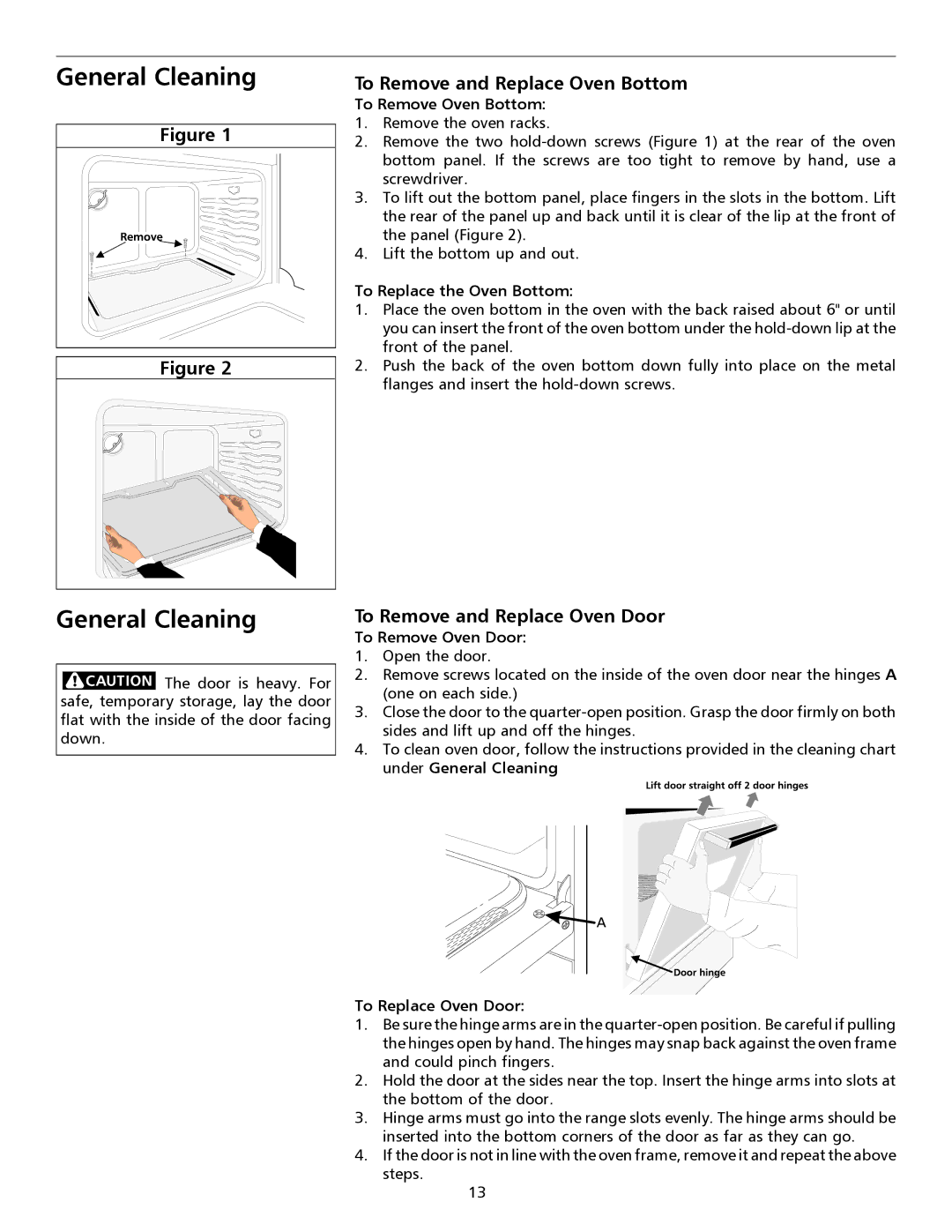 Frigidaire 316135932 important safety instructions To Remove and Replace Oven Bottom, To Remove and Replace Oven Door 