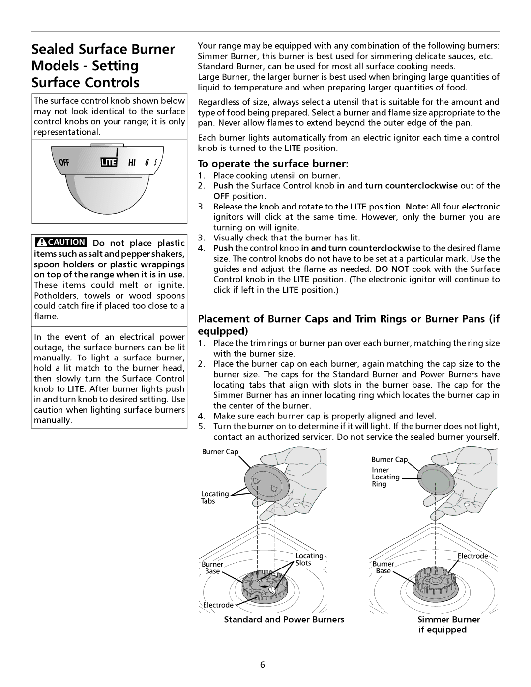 Frigidaire 316135932 Sealed Surface Burner Models Setting Surface Controls, To operate the surface burner 