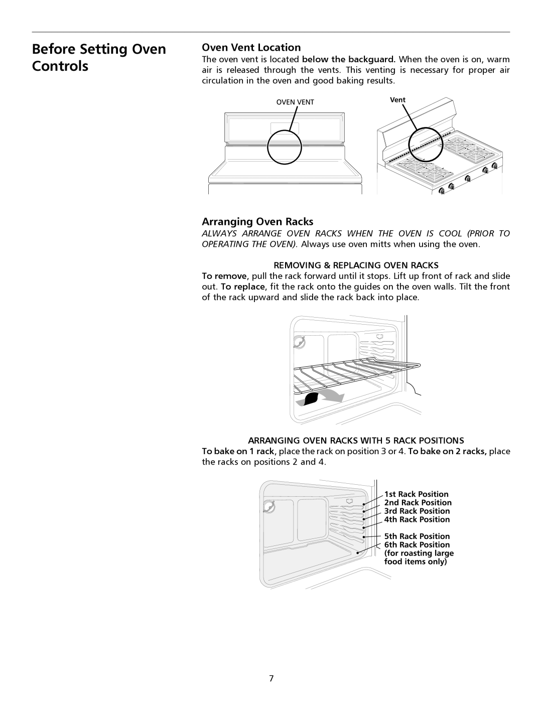 Frigidaire 316135932 important safety instructions Before Setting Oven Controls, Oven Vent Location, Arranging Oven Racks 