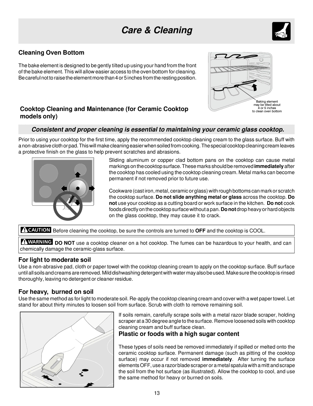 Frigidaire 316257114 manual Cleaning Oven Bottom, For light to moderate soil, For heavy, burned on soil 