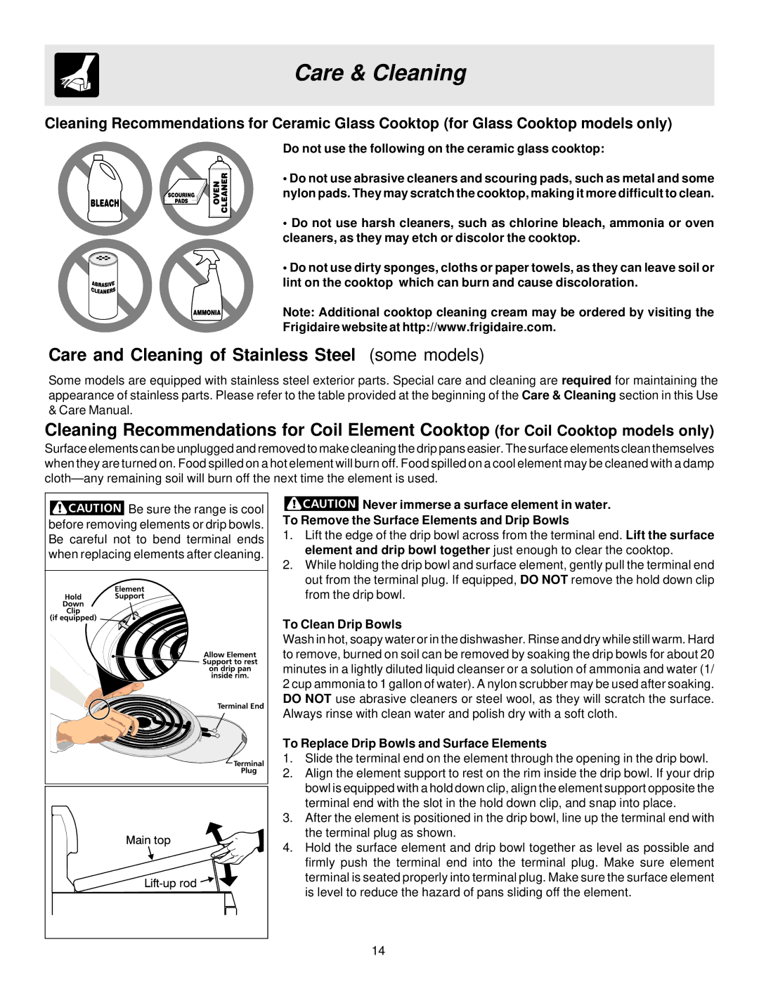 Frigidaire 316257114 manual Do not use the following on the ceramic glass cooktop, To Clean Drip Bowls 