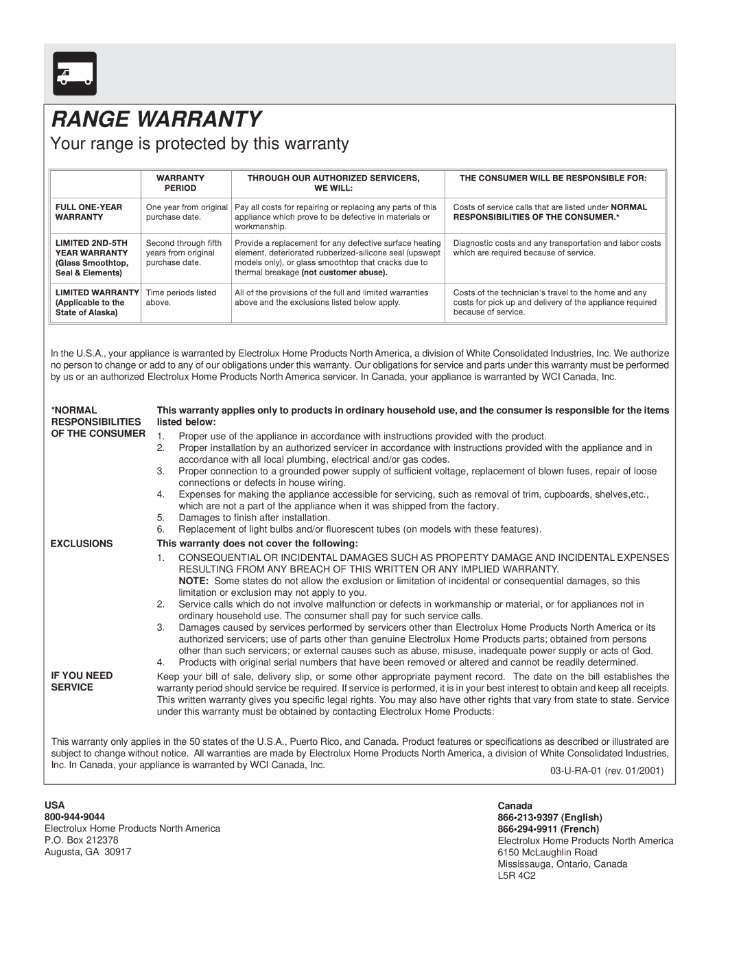 Frigidaire 316257114 manual Range Warranty 